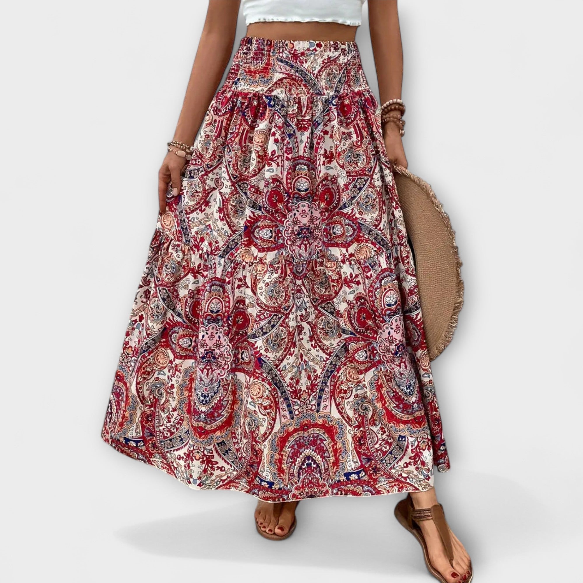 Beáta | Midi sukně s boho potiskem a splývavou látkou